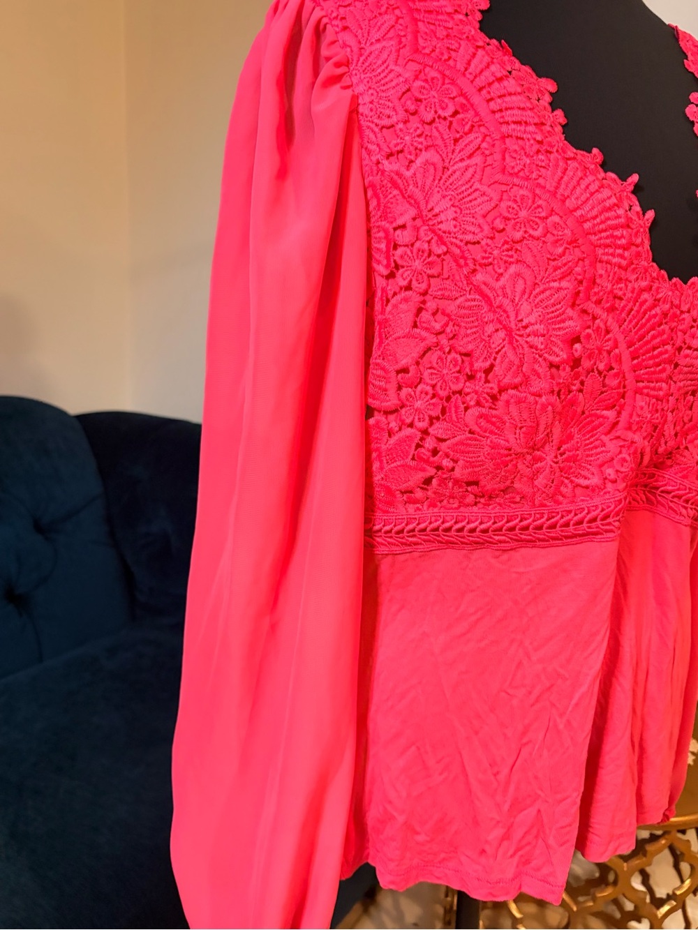 Boston Proper Pink Crochet Lace V-Neck Long Sleeve Blouse Size Large - Picture 5 of 8